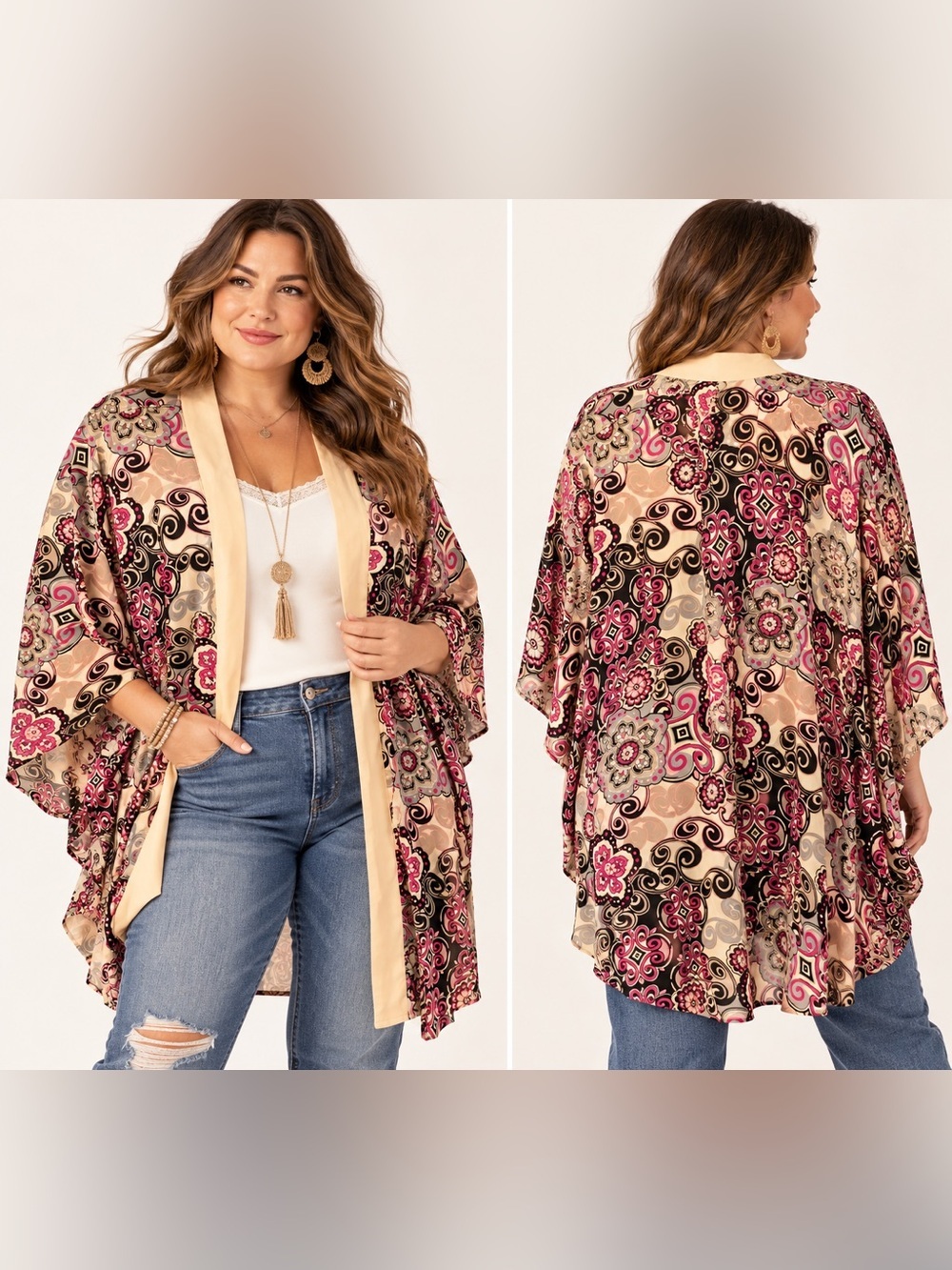 Tianello Floral Kimono Cardigan – Pink Black Beige Boho Print Size 1X